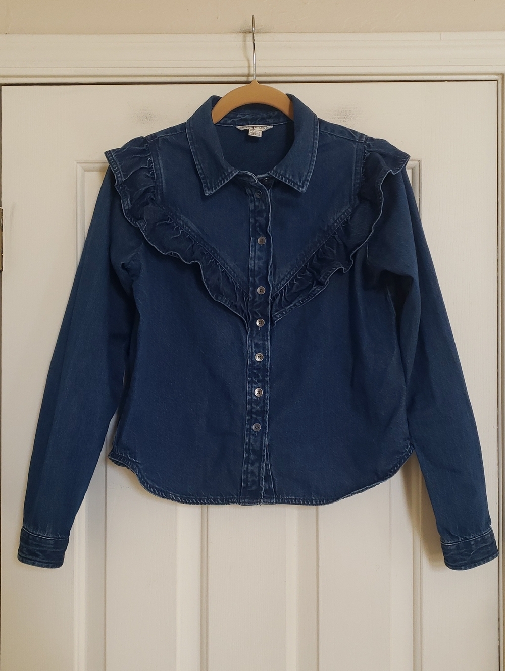 American Eagle Ruffle Denim Western Shirt Medium Wash XXS - Picture 3 of 15